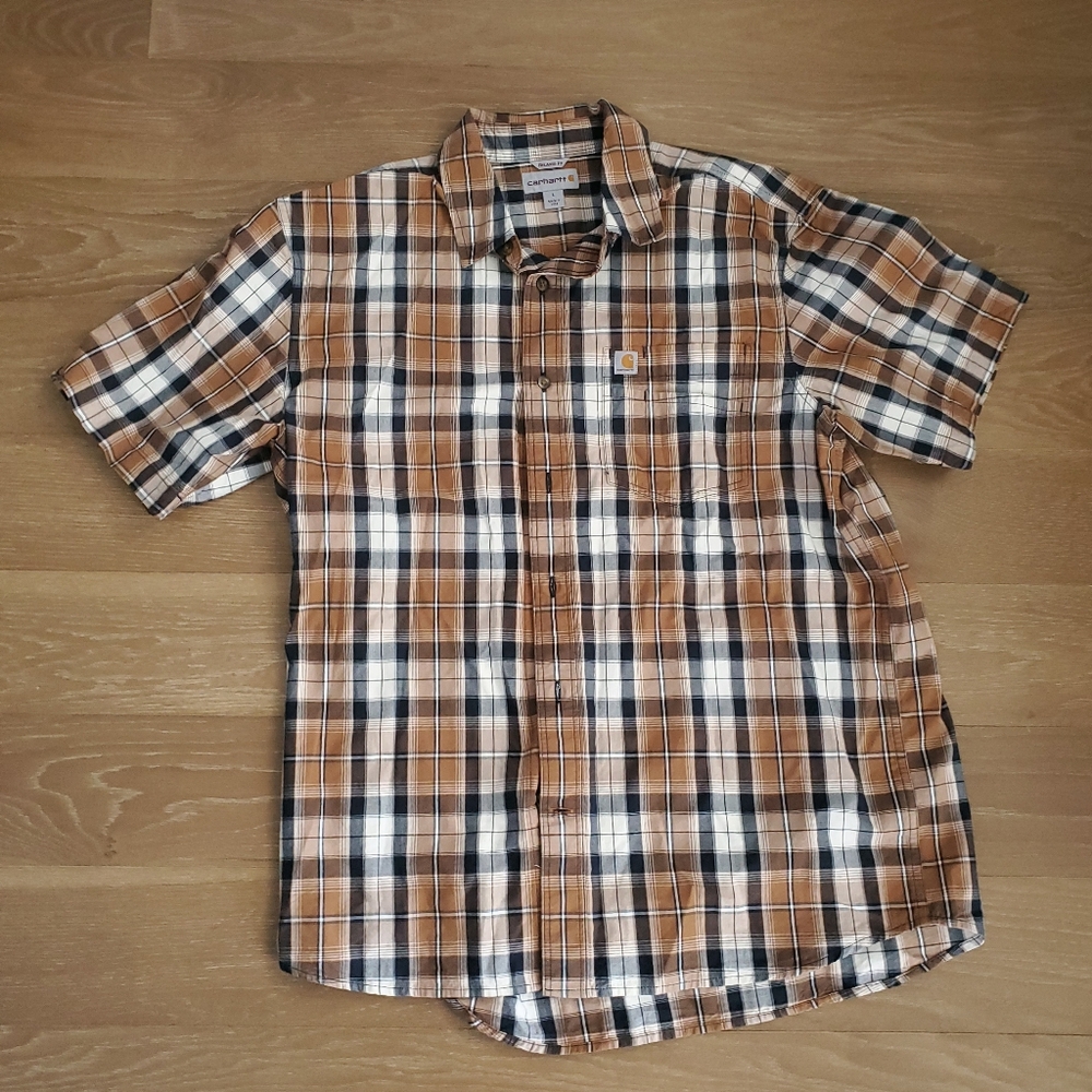 Carhartt Men’s Large Short Sleeve Relaxed Fit Shirt Cotton Plaid Brown Navy